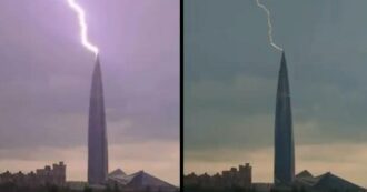 Un fulmine colpisce la cima del Lakhta Center di San Pietroburgo: il video della scarica che illumina la notte è virale