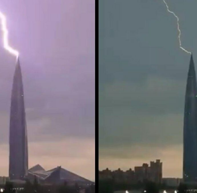 Un fulmine colpisce la cima del Lakhta Center di San Pietroburgo: il video della scarica che illumina la notte è virale