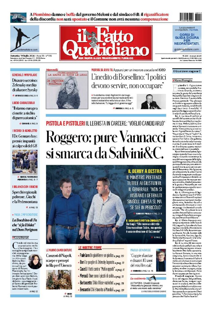 Copertina de Il Fatto Quotidiano di Dom 19 Luglio 2026