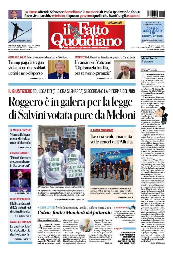 Copertina de Il Fatto Quotidiano di lunedì 20 Luglio 2026