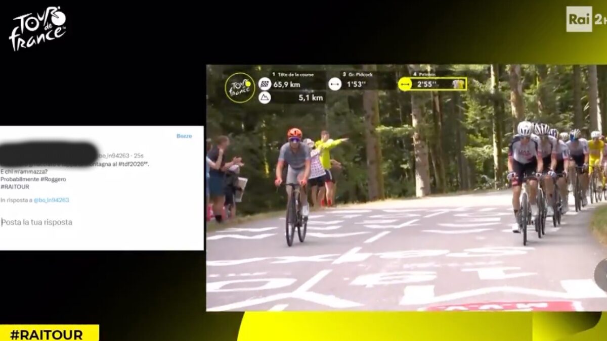 “Cocomero e tappa di montagna al Tour de France. E chi m’ammazza? Probabilmente Roggero”: il tweet finito in sovrimpressione durante la diretta su Rai 2