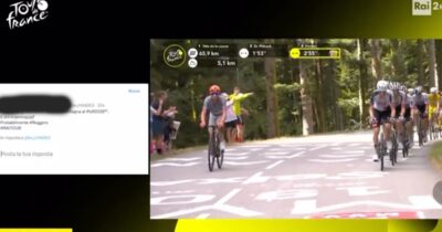 Copertina di “Cocomero e tappa di montagna al Tour de France. E chi m’ammazza? Probabilmente Roggero”: il tweet finito in sovrimpressione durante la diretta su Rai 2