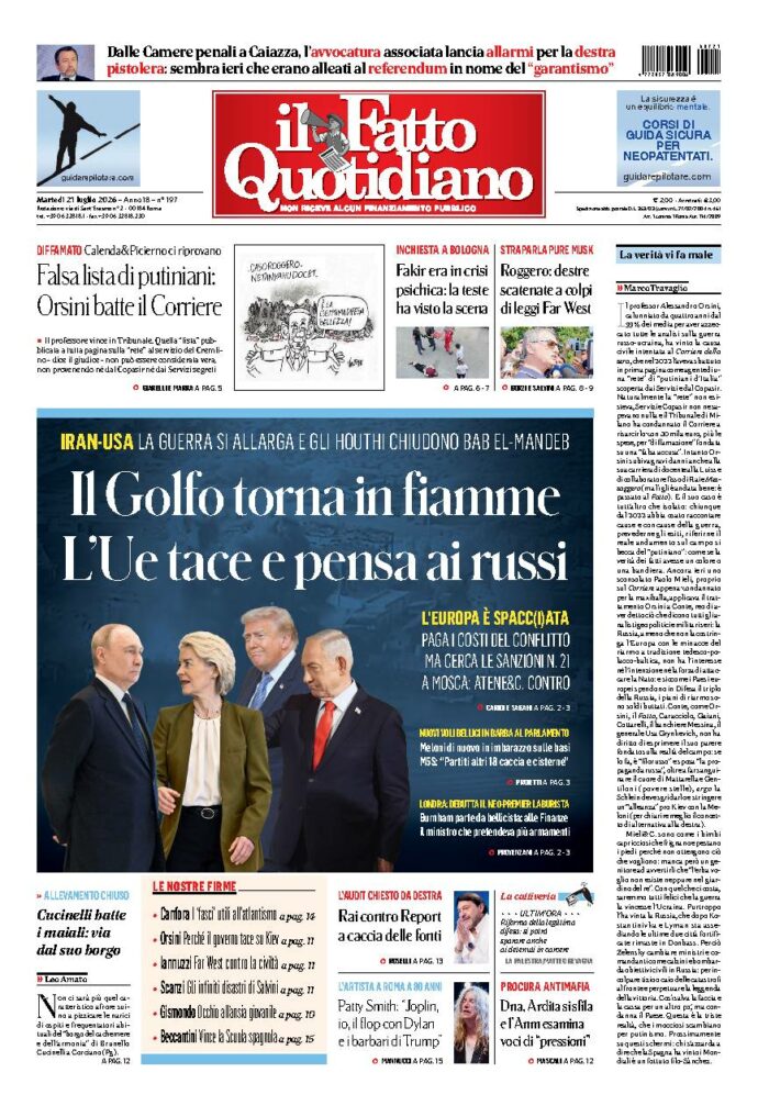 Copertina de Il Fatto Quotidiano di martedì 21 Luglio 2026