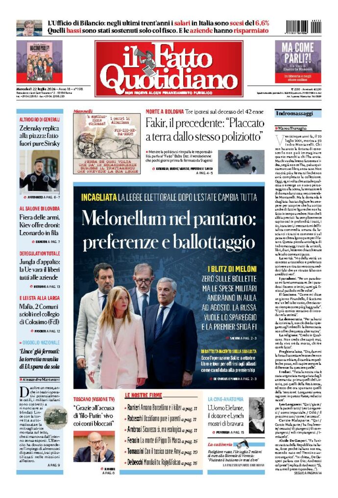 Copertina de Il Fatto Quotidiano di mercoledì 22 Luglio 2026