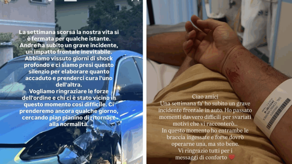 Paura per Andrea Dal Corso: “Ha subito un grave incidente, uno schianto frontale inevitabile. Giorni di choc profondo, entrambe le braccia ingessate”. Il racconto dall’ospedale e il messaggio di Teresa Langella