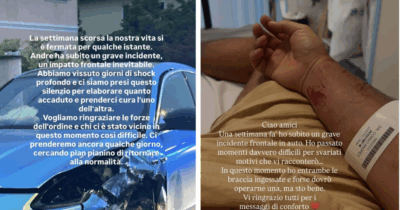 Copertina di Paura per Andrea Dal Corso: “Ha subito un grave incidente, uno schianto frontale inevitabile. Giorni di choc profondo, entrambe le braccia ingessate”. Il racconto dall’ospedale e il messaggio di Teresa Langella