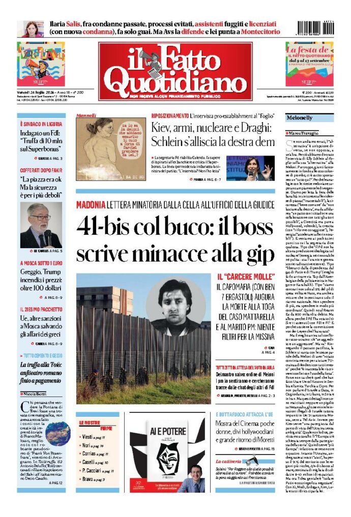 Copertina de Il Fatto Quotidiano di Ven 24 Luglio 2026