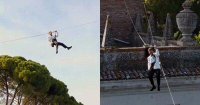 Copertina di “Non dimenticherò mai quel momento”: lo sposo si lancia nel vuoto davanti agli invitati e trasforma le nozze in una scena da film di James Bond