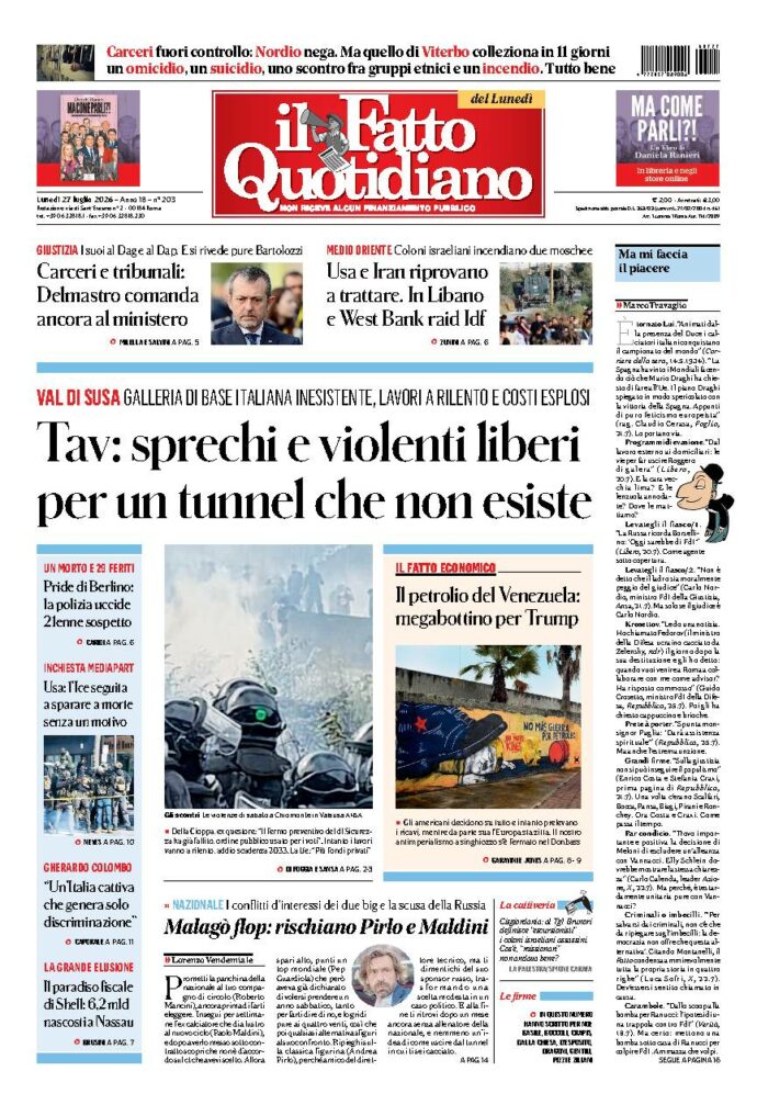 Copertina de Il Fatto Quotidiano di Lun 27 Luglio 2026