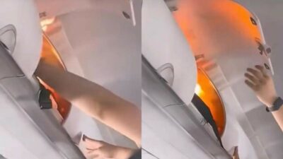 Copertina di Il portatile esplode e prende fuoco nella cappelliera di un aereo: le immagini dell’incendio a bordo e la corsa del personale per spegnere le fiamme