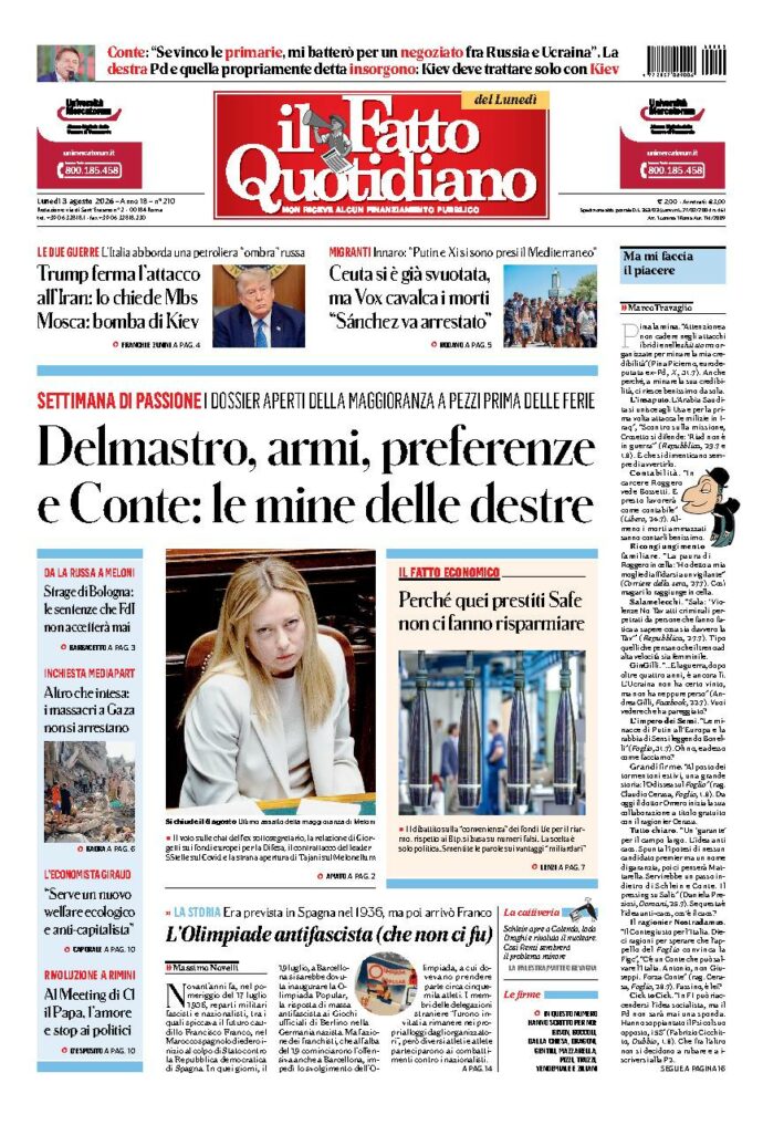 Copertina de Il Fatto Quotidiano di lunedì 3 Agosto 2026