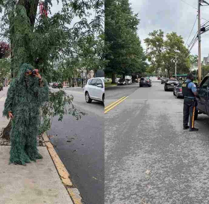 Si mimetizza da cespuglio con foglie e binocolo per stanare gli automobilisti al telefono: l’insolita operazione della polizia frutta 74 multe in appena sei ore