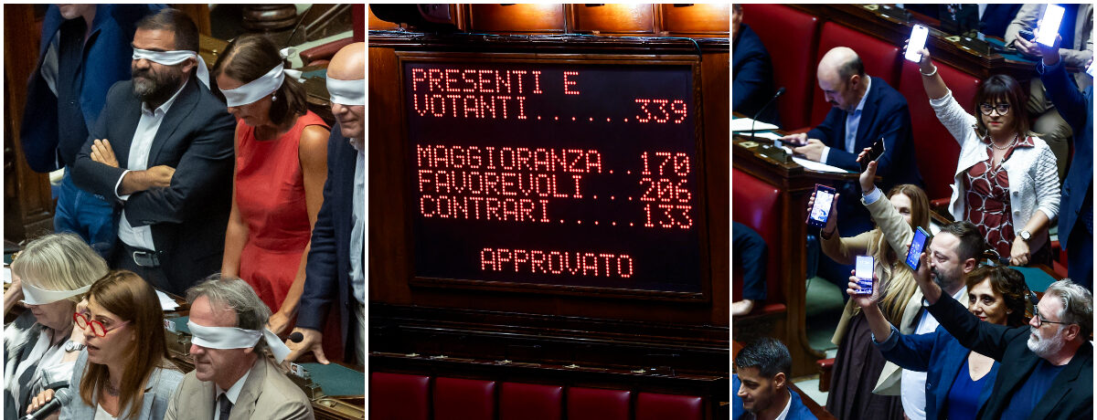 Copertina di La destra salva Delmastro. Conte: “Scudo agli amici di partito”. Schlein: “Non citate più Borsellino”. Deputati Avs bendatiIl dossier FdI per negare le chat ai pm: “Possibili conversazioni personali e politiche”