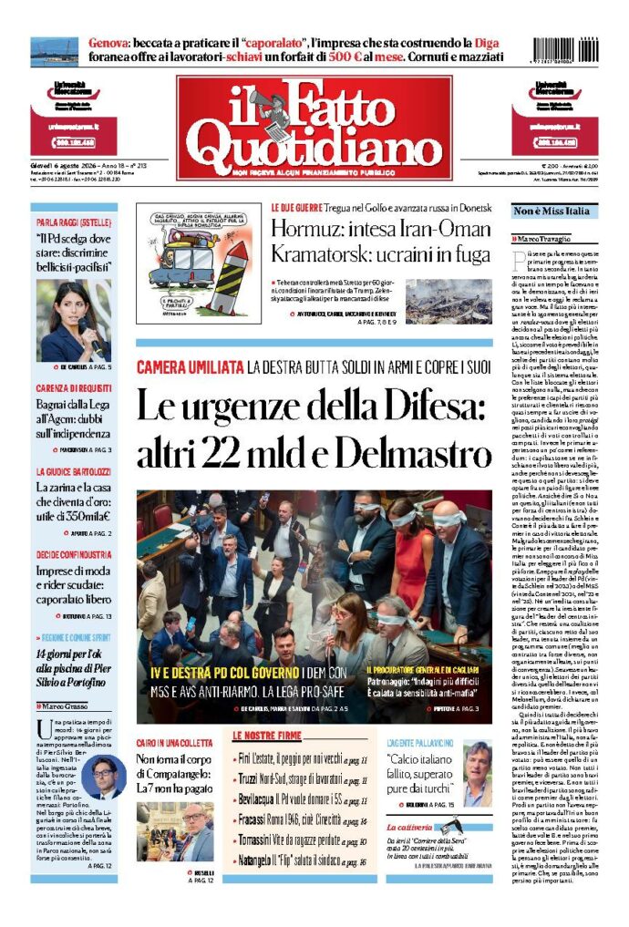 Copertina de Il Fatto Quotidiano di Gio 6 Agosto 2026