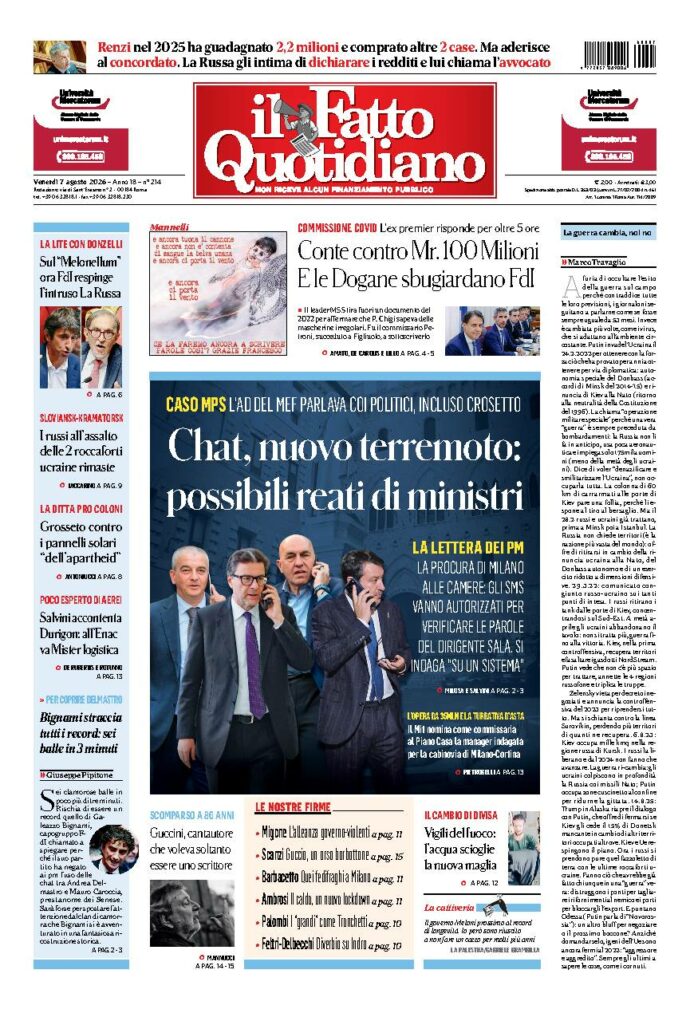 Copertina de Il Fatto Quotidiano di Ven 7 Agosto 2026