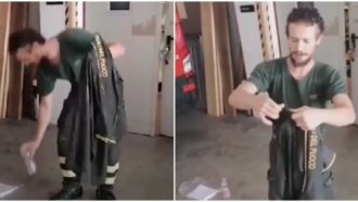 Copertina di “Guardate cosa succede con un po’ d’acqua”: così il vigile del fuoco mostra il difetto della maglia dei pompieri