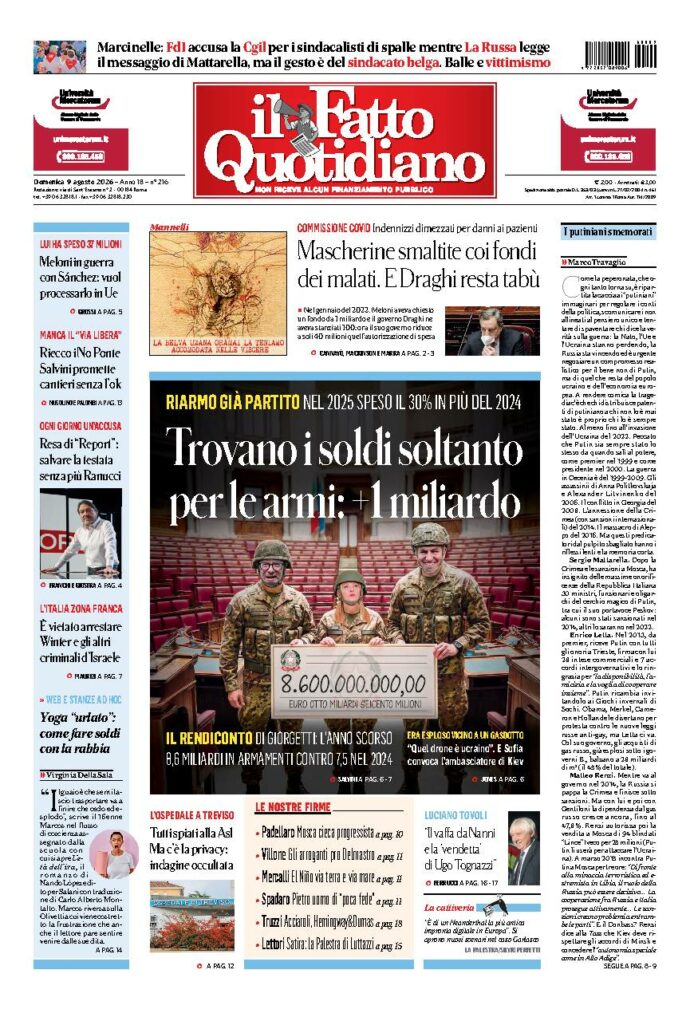 Copertina de Il Fatto Quotidiano di domenica 9 Agosto 2026