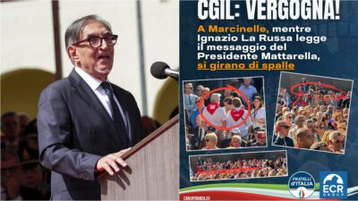 Copertina di Marcinelle, “alcuni esponenti della Cgil si voltano di spalle durante l’intervento di La Russa”: le foto di FdI. Meloni: “Gesto grave e vergognoso”