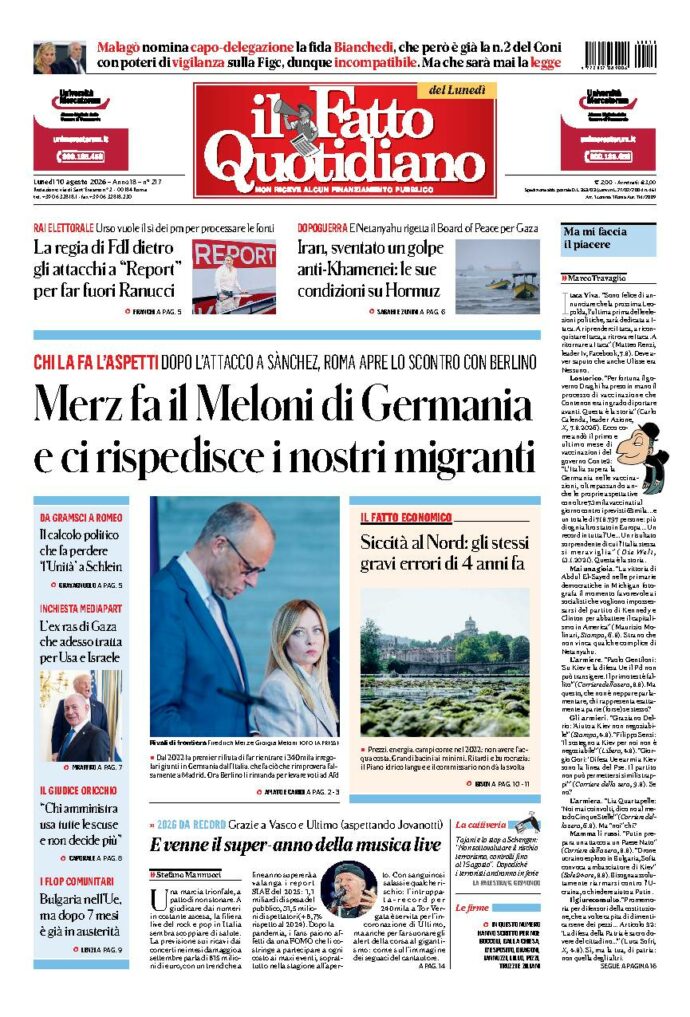 Copertina de Il Fatto Quotidiano di lunedì 10 Agosto 2026