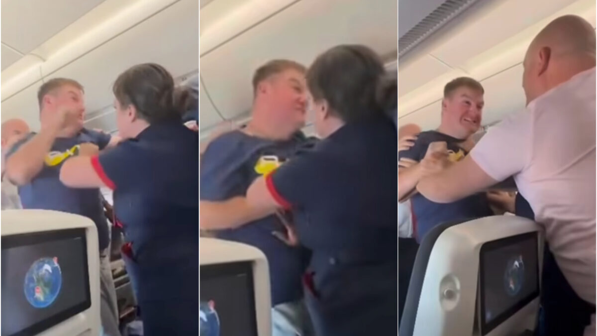 Ubriaco a bordo tenta di aggredire i passeggeri, assistente di volo lo affronta e riesce a bloccarlo: il video è virale