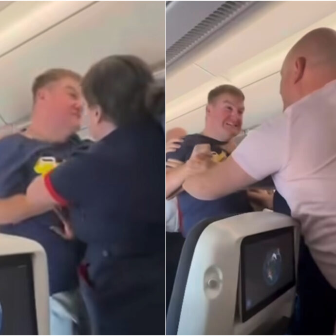 Ubriaco a bordo tenta di aggredire i passeggeri, assistente di volo lo affronta e riesce a bloccarlo: il video è virale