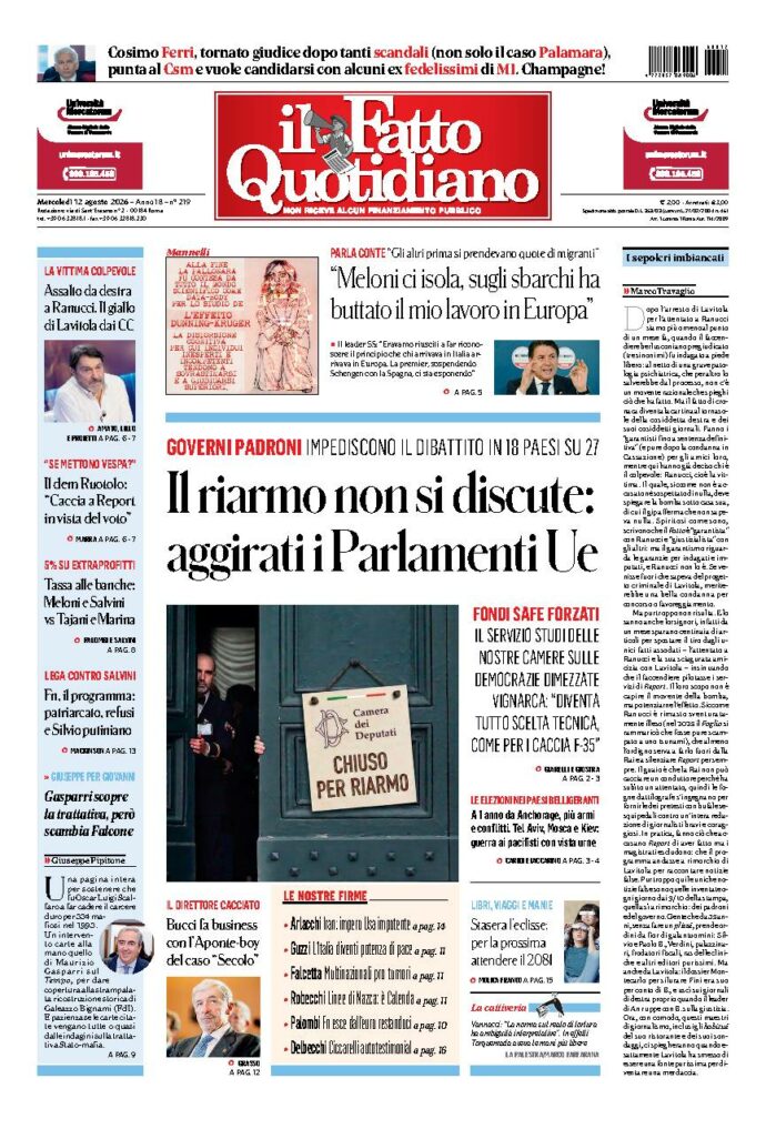 Copertina de Il Fatto Quotidiano di mercoledì 12 Agosto 2026