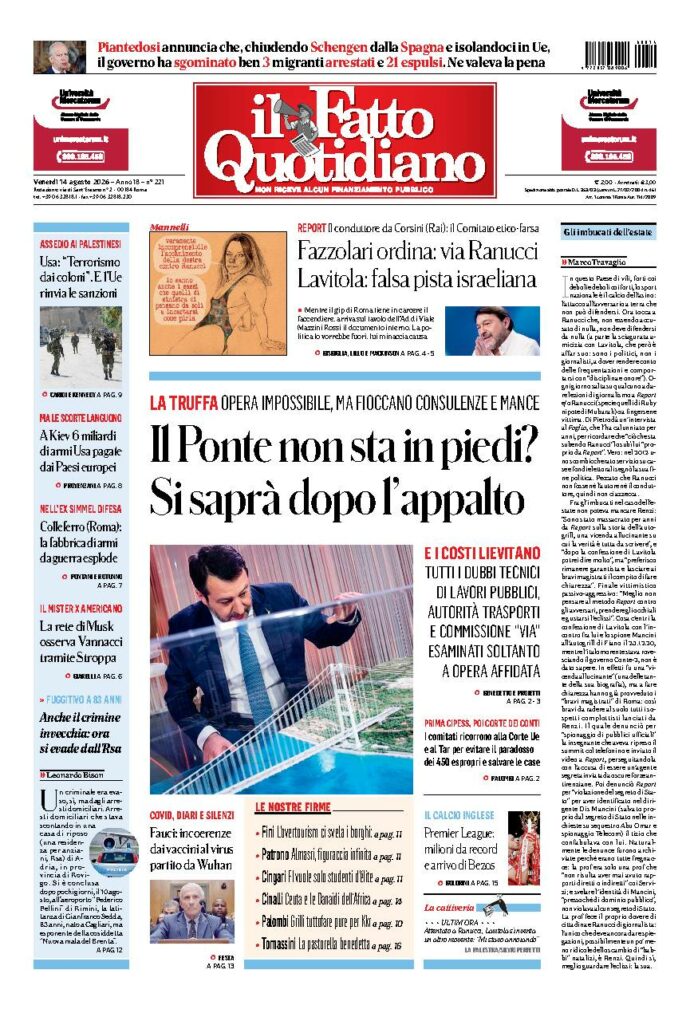 Copertina de Il Fatto Quotidiano di venerdì 14 Agosto 2026