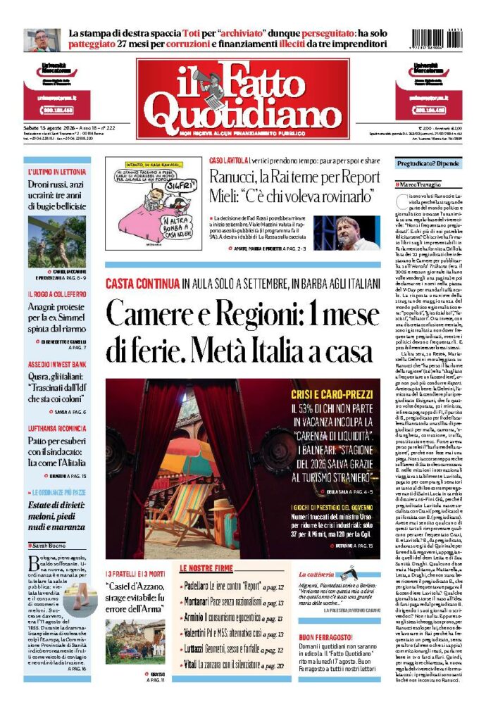 Copertina de Il Fatto Quotidiano di sabato 15 Agosto 2026