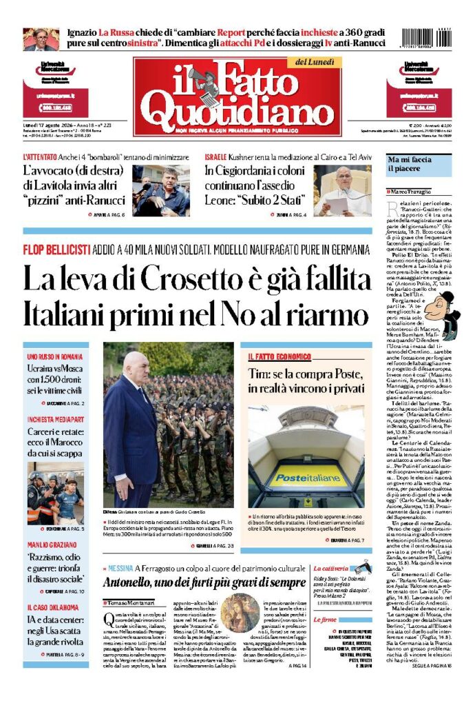 Copertina de Il Fatto Quotidiano di Lun 17 Agosto 2026
