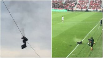 Copertina di Spidercam precipita da 20 metri durante la partita di calcio e sfiora un operatore