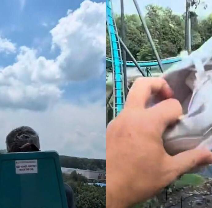 “Una passeggera ha perso una scarpa. Mi ha colpito in pieno ma sono riuscito ad afferrarla mentre andavamo a oltre 110 km all’ora sulle montagne russe”. Il video è virale