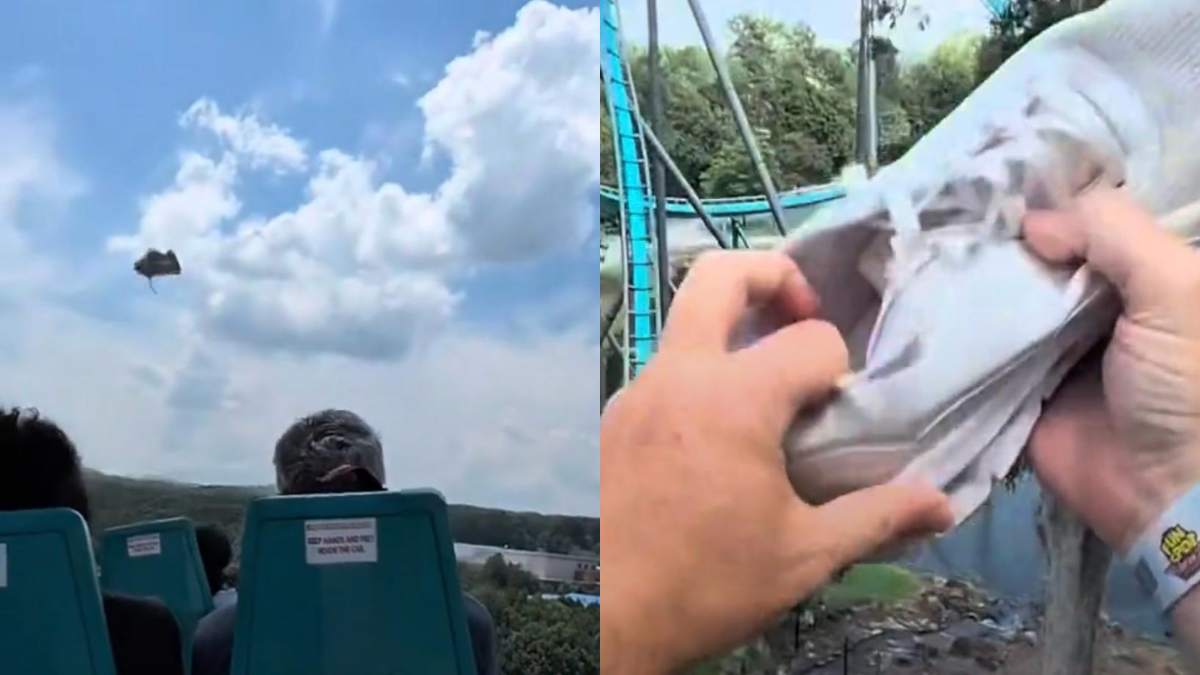 “Una passeggera ha perso una scarpa. Mi ha colpito in pieno ma sono riuscito ad afferrarla mentre andavamo a oltre 110 km all’ora sulle montagne russe”. Il video è virale