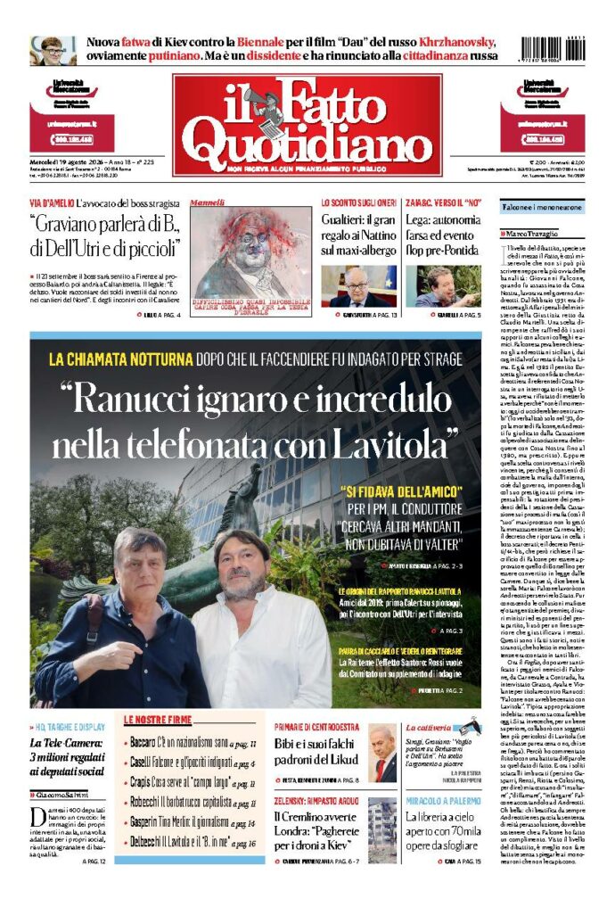 Copertina de Il Fatto Quotidiano di mercoledì 19 Agosto 2026