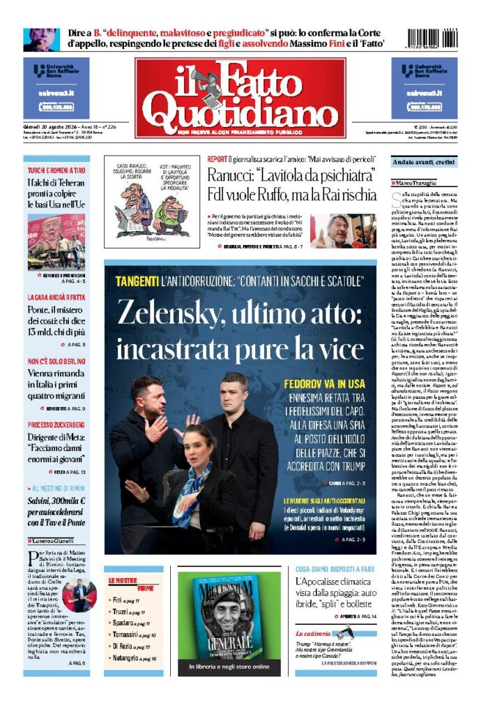 Copertina de Il Fatto Quotidiano di Gio 20 Agosto 2026