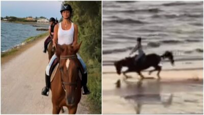 Copertina di “Ho fatto un volo, ma un volo! Ho rotolato e fatto una capriola da Dragon Ball”: Paura per Belen Rodriguez, viene sbalzata dal cavallo Pongo e cade a terra sulla spiaggia