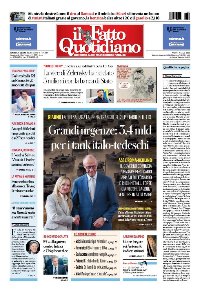 Copertina de Il Fatto Quotidiano di venerdì 21 Agosto 2026