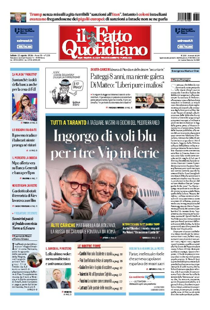 Copertina de Il Fatto Quotidiano di sabato 22 Agosto 2026
