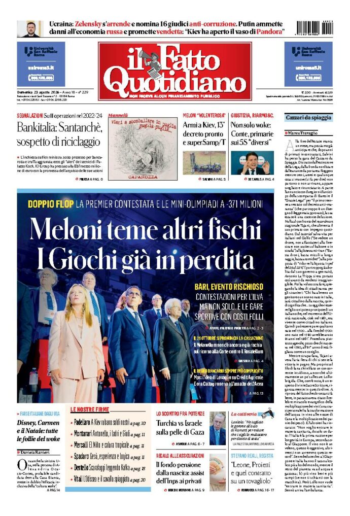 Copertina de Il Fatto Quotidiano di domenica 23 Agosto 2026