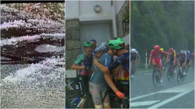 Copertina di Violenta grandinata sulla Vuelta, i corridori si riparano nelle case a bordo strada: il gesto di Pogacar blocca la tappa