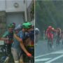 Copertina di Violenta grandinata sulla Vuelta, i corridori si riparano nelle case a bordo strada: il gesto di Pogacar blocca la tappa