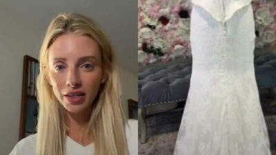 Copertina di “Sono davvero distrutta, il mio abito è stato svelato a tutti”: la sposa denuncia il negozio per l’errore, ma i social si dividono