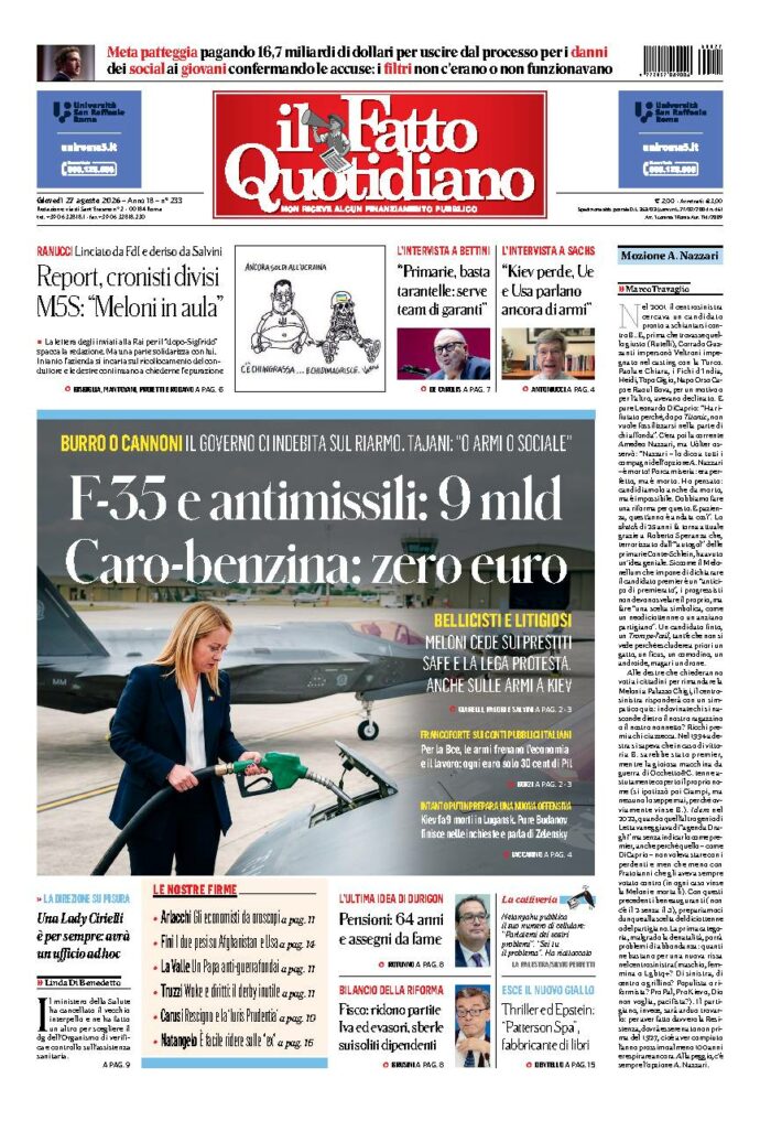 Copertina de Il Fatto Quotidiano di giovedì 27 Agosto 2026
