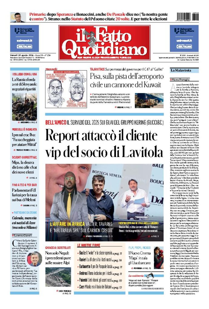 Copertina de Il Fatto Quotidiano di venerdì 28 Agosto 2026