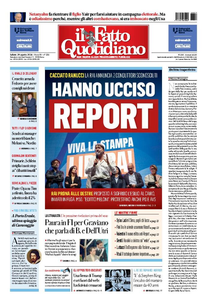 Copertina de Il Fatto Quotidiano di sabato 29 Agosto 2026