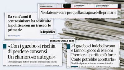 Copertina di Campagna contro i gazebo di Rep e Corriere: “Un bagno di sangue” e “un regalo a Meloni”