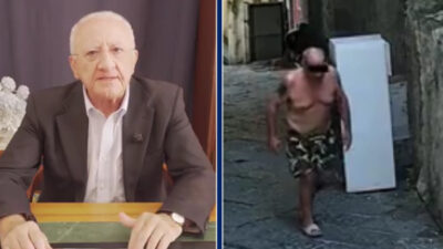 Copertina di De Luca mostra un uomo in boxer che abbandona per strada un frigorifero: “Ecco l’imbecille in costume hawaiano”