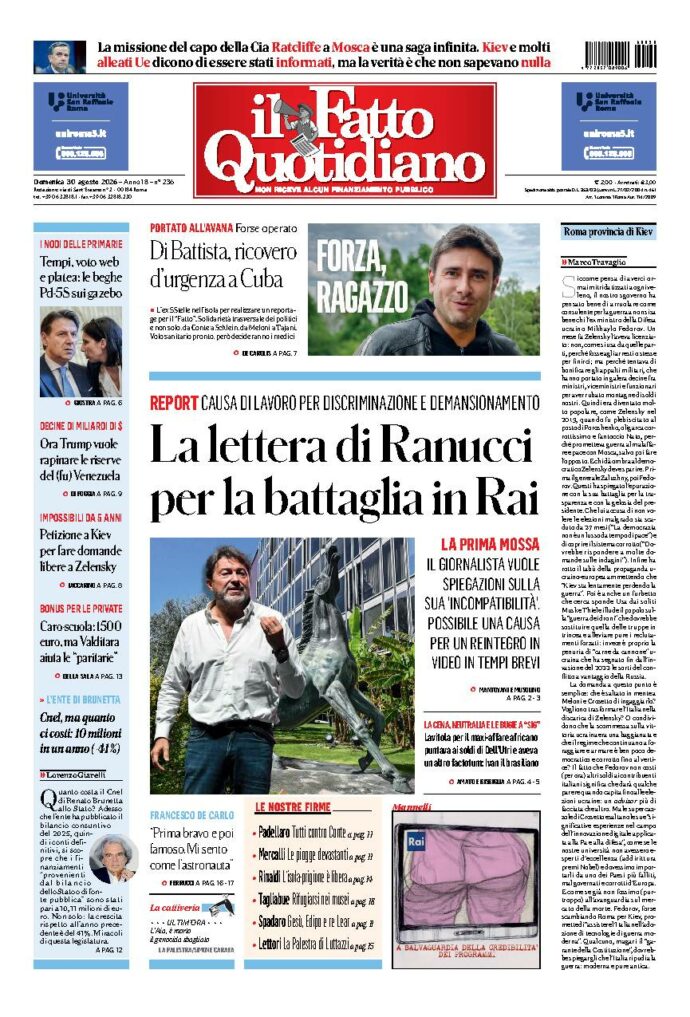 Copertina de Il Fatto Quotidiano di domenica 30 Agosto 2026