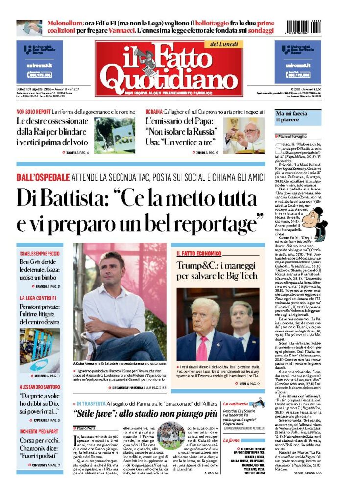 Copertina de Il Fatto Quotidiano di lunedì 31 Agosto 2026