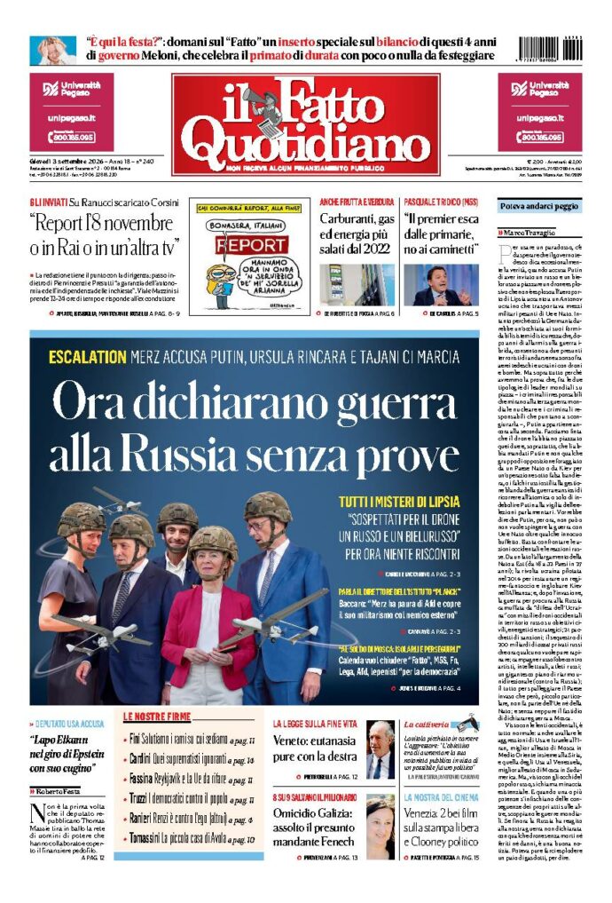 Copertina de Il Fatto Quotidiano di giovedì 3 Settembre 2026