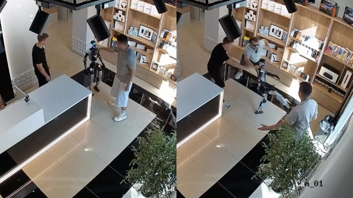 Cliente spinge un robot umanoide, lui reagisce tentando di colpirlo con un calcio: il video è virale